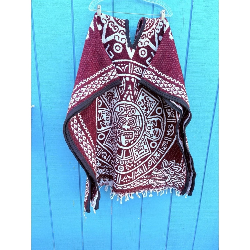 One Size Poncho Burgundy Red With White Hand Made In‎ México Aztec Calendar - Picture 6 of 11